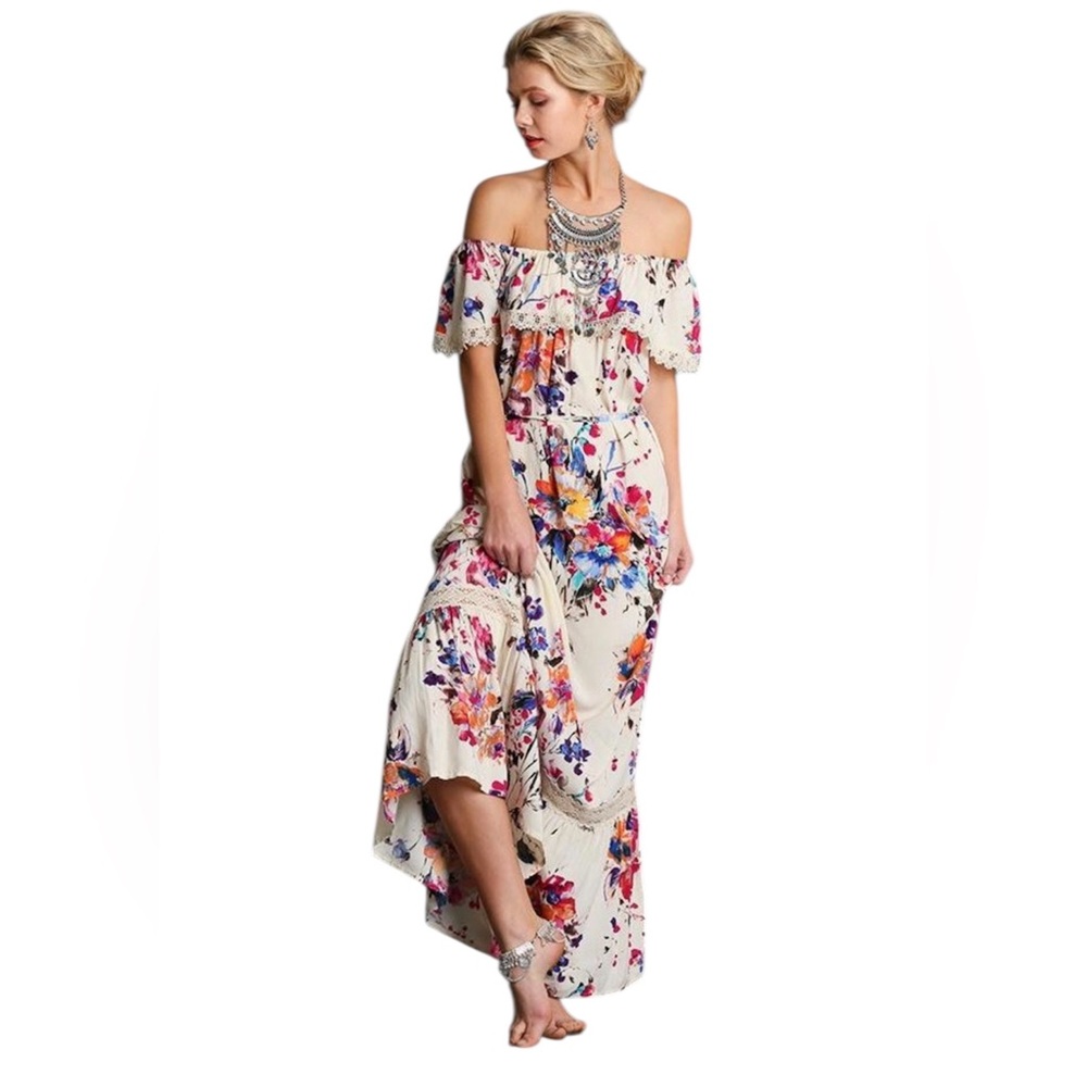 Umgee Off the Shoulder Boho Floral Maxi Dress Size Large